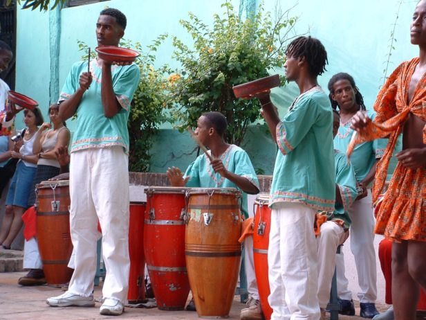 Cuban musicians playing Afro-Cuban percussion instruments, Santiago de Cuba